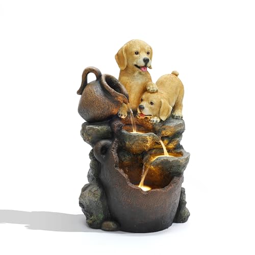 LuxenHome 25" Puppies and Pitchers Resin Outdoor Water Fountain with Lights