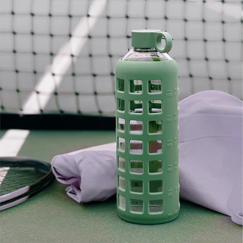 40oz / 32oz / 22oz / 12oz Borosilicate Glass Water Bottle with Time & Volume Markers, Silicone Sleeve, Stainless Steel Lid | Reusable Glass Bottle for Water & Juice (40oz Shale Green)
