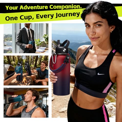 32oz Stainless Steel Water Bottle with Straw & Paracord Handle Leak Proof (9 Count)