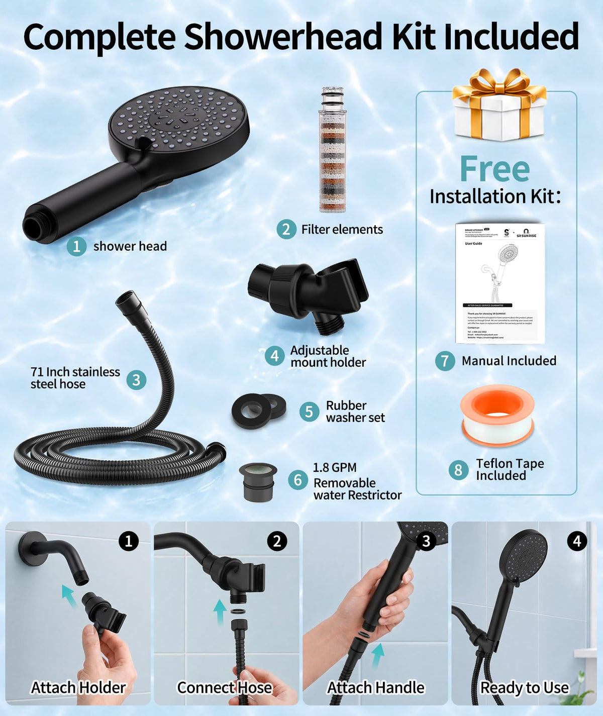 Filtered Shower Head with Handheld High Pressure 9 Spray Mode Showerhead Detachable Shower Head Water Softener Filters Beads for Hard Water Remove Chlorine 1 Filter 1.8GPM Matte Black