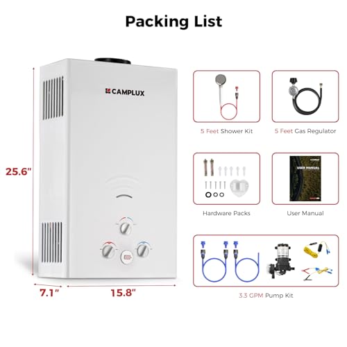 CAMPLUX 4.22GPM Propane Water Heater with 3.3 GPM Water Pump & Pipe Strainer