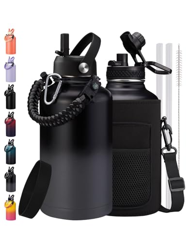 Half Gallon Insulated Water Bottle 64 oz with Carrier Bag & Paracord Handle (9 Count)