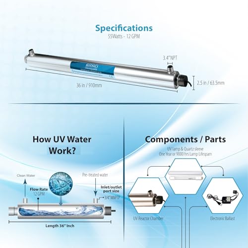55W UV Ultraviolet Light Plus Sediment & Carbon Well Water Filter Purifier System with 3