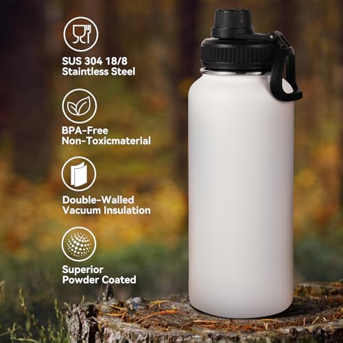 32 oz Insulated Water Bottles Bulk with 2 Lids (8 Count)