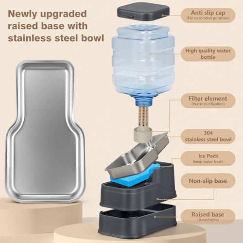 1.1 Gallon Pet Automatic Dog Water Dispenser Cat Gravity Waterer Feeder with Stainless Steel Bowl 8L Large Capacity Puppy Feeding Raised Bowls with Filter