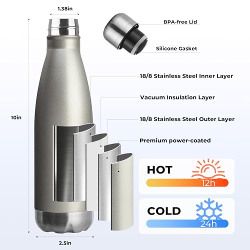 17oz Sport Water Bottle 12 Pack Vacuum Insulated Stainless Steel Leak (12 Count)