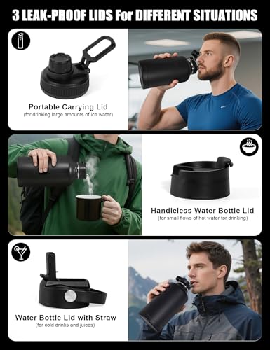 64 Oz Black Tactical Water Bottle with 3 Lids