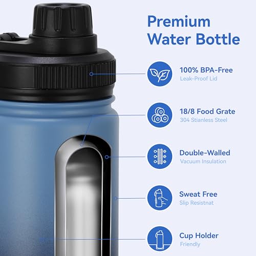 16 oz Water Bottle Stainless Steel Double Wall Vacuum Insulated Water Bottle with Straw lids & Spout Lid (4 Count)