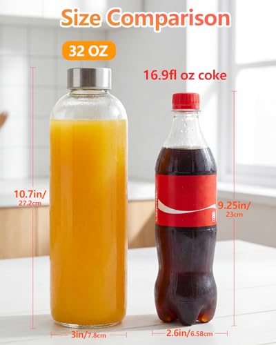 32 oz Large Glass Juice Bottles with Stainless Steel Lids Leak Proof (3 Count)
