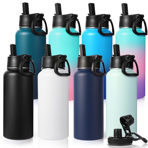 32 oz Insulated Water Bottles Bulk with 2 Lids (8 Count)