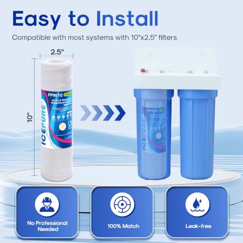 50 Micron 10" x 2.5" String Wound Sediment Water Filter Cartridge for Well filter Universal Replacement for Any 10 inch RO Unit (2 Count)