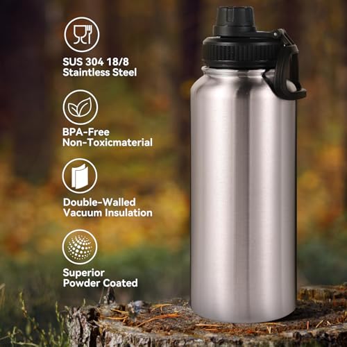 32 oz Insulated Water Bottles Bulk with 2 Lids (4 Count)