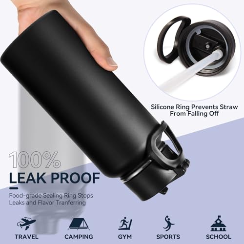 32 oz Insulated Water Bottles Bulk with 2 Lids (8 Count)
