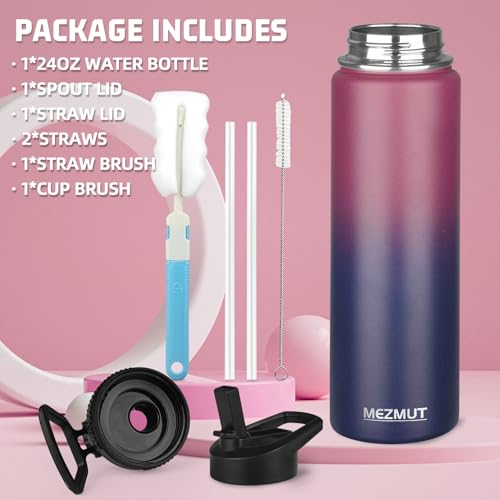24oz Sports Insulated Water Bottle for School with 2 Lids