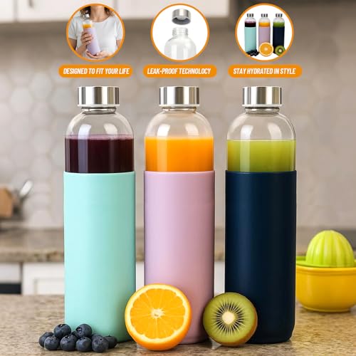 32 oz Glass Water Bottles with Lids and Silicone Sleeve 3 Pack