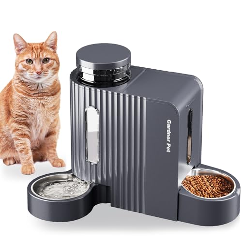 Automatic Gravity Cat Food Feeder and Water Dispenser Stainless Steel Two