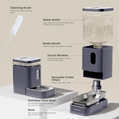 1.7 Gallon Automatic Dog Water Bowl Dispenser 6.5L Gravity Water Feeder with Stainless Steel Bowl & Maifan Stone Filter