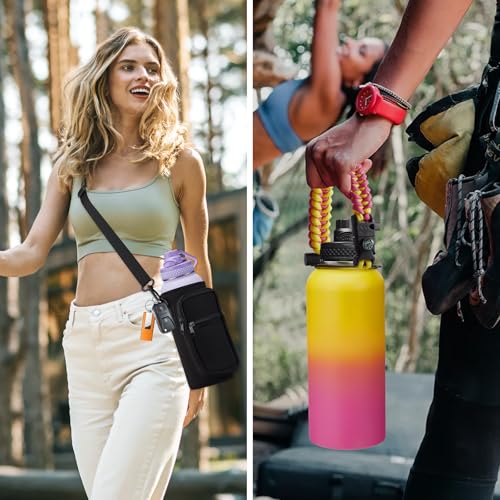 32oz/40oz/64oz Insulated Water Bottles - with Straw & Flip Auto Lid, Stainless Steel Water Bottle Shoulder Carrier Bag, Silicone Boot, BPA-Free Metal Water Bottle with Handle Paracord (32 Count)