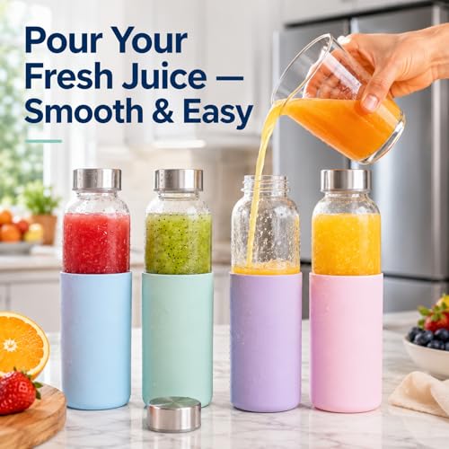 18 oz Glass Water Bottles with Lids and Silicone Sleeve 4 Pack