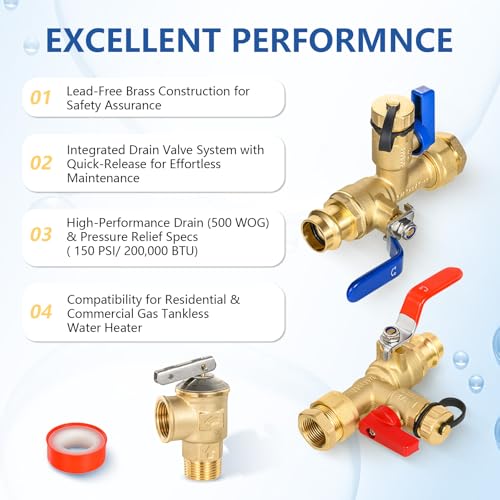 3 4 Inch GUOFIS IPS Tankless Water Heater Valve Kit with Pressure Relief Valve (30 Count)