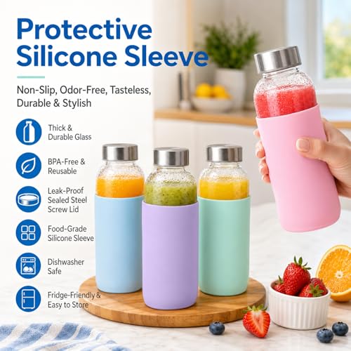 18 oz Glass Water Bottles with Lids and Silicone Sleeve 6 Pack (6 Count)