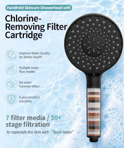 Filtered Shower Head with Handheld High Pressure 9 Spray Mode Showerhead Detachable Shower Head Water Softener Filters Beads for Hard Water Remove Chlorine 1 Filter 1.8GPM Matte Black