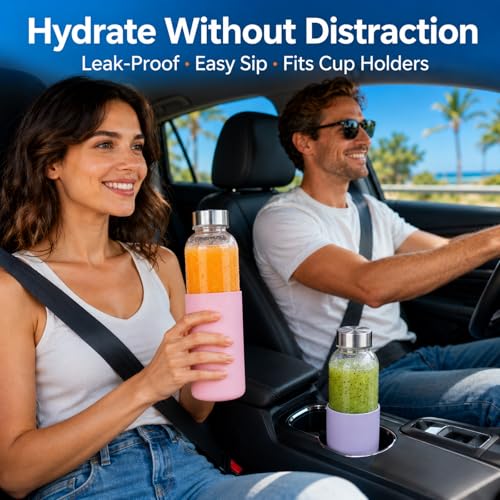 18 oz Glass Water Bottles with Lids and Silicone Sleeve 6 Pack (6 Count)