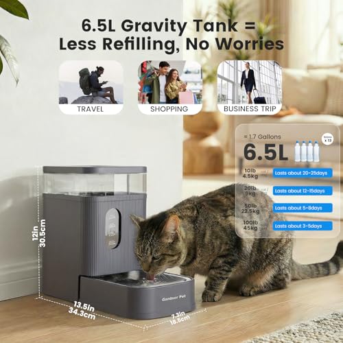 1.7 Gallon Automatic Dog Water Bowl Dispenser 6.5L Gravity Water Feeder with Stainless Steel Bowl & Maifan Stone Filter