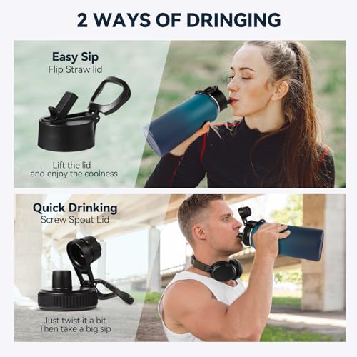 32 oz Insulated Water Bottles Bulk with 2 Lids (4 Count)