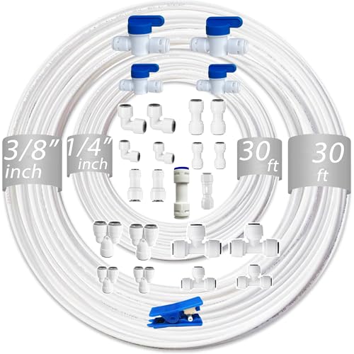 NSF 1/4" & 3/8" Water Line Tubing and Push Connect Fittings for Reverse Osmosis Water Filter RO fittings,25 pcs connetors+30 feet 1/4"(6.4mm) water tube +30 feet 3/8"(9.5mm) water tubing