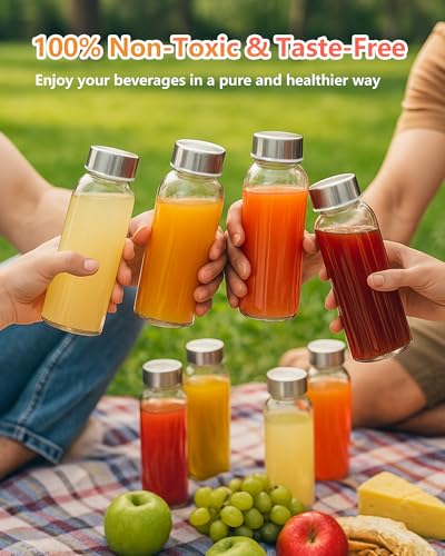 10.5 oz Glass Juice Bottles with Stainless Steel Gold Lid Leak Proof (6 Count)