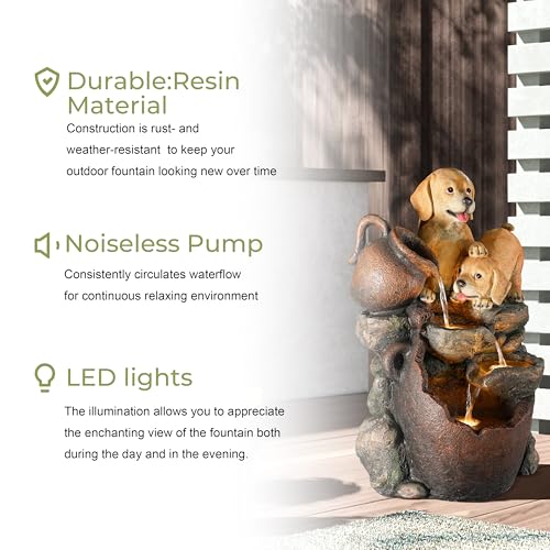 LuxenHome 25" Puppies and Pitchers Resin Outdoor Water Fountain with Lights