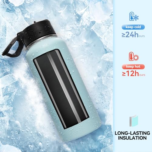 32 oz Insulated Water Bottles Bulk with 2 Lids (4 Count)