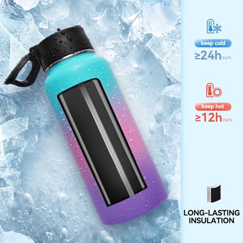 32 oz Insulated Water Bottles Bulk with 2 Lids (8 Count)