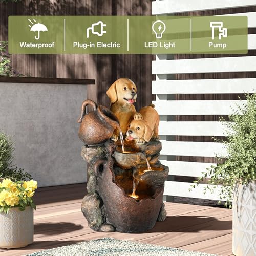 LuxenHome 25" Puppies and Pitchers Resin Outdoor Water Fountain with Lights