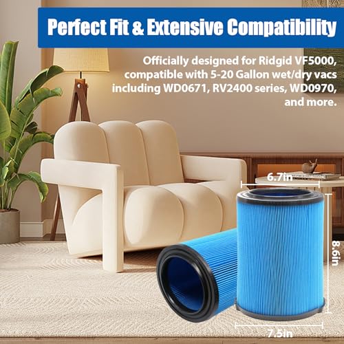 2 Pack 3 Layer VF5000 Replacement Filter for Rigid Shop Vac 5 (2 Count)