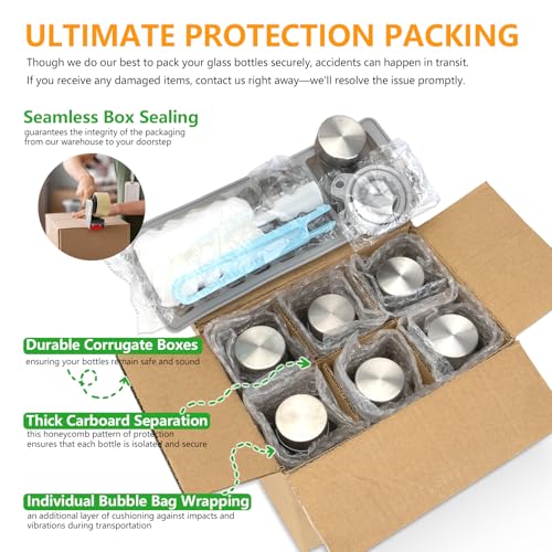 18oz Glass Juice Bottles with Stainless Steel Lids Leak Proof 6 Pack (6 Count)