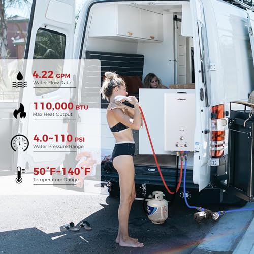 CAMPLUX 4.22GPM Propane Water Heater with 3.3 GPM Water Pump & Pipe Strainer