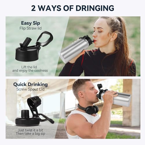 32 oz Insulated Water Bottles Bulk with 2 Lids (4 Count)