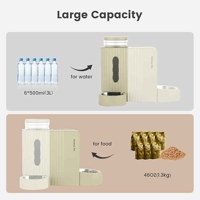 Gardner Pet Gravity Automatic 2-in-1 Pet Feeder, 0.8 Gallons*2 Cat Feeder and Water Dispenser Set, 100% BPA-Free Feeder and Stainless Steel Water Dispenser for Dogs, Cats, Rabbits, Puppies (Beige)