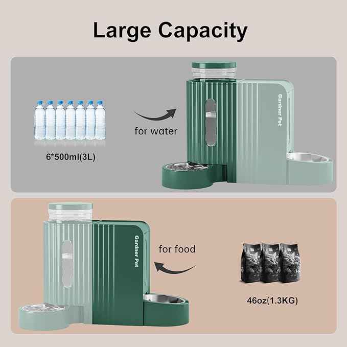 Gardner Pet Automatic Gravity Pet Feeder, 0.8 Gallons*2 Dog Feeder and Water Dispenser Set 100% BPA-Free, 2-in-1 Gravity Feeder with Stainless Steel Bowl for Dogs, Cats, Rabbits, Puppies (Green)