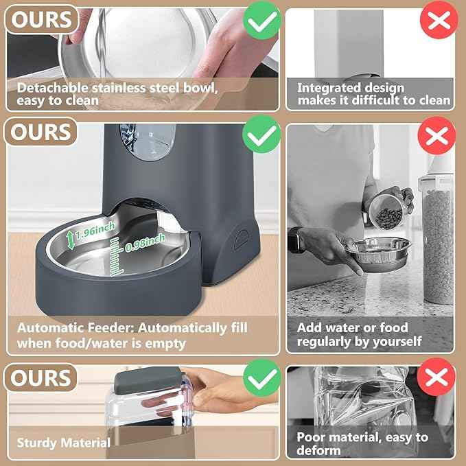Automatic Cat Feeder and Water Dispenser with Stainless Steel Bowl Dog Gravity Food Feeder and Waterer for Small Medium Pets Puppy Kitten 1 Gallon x 2