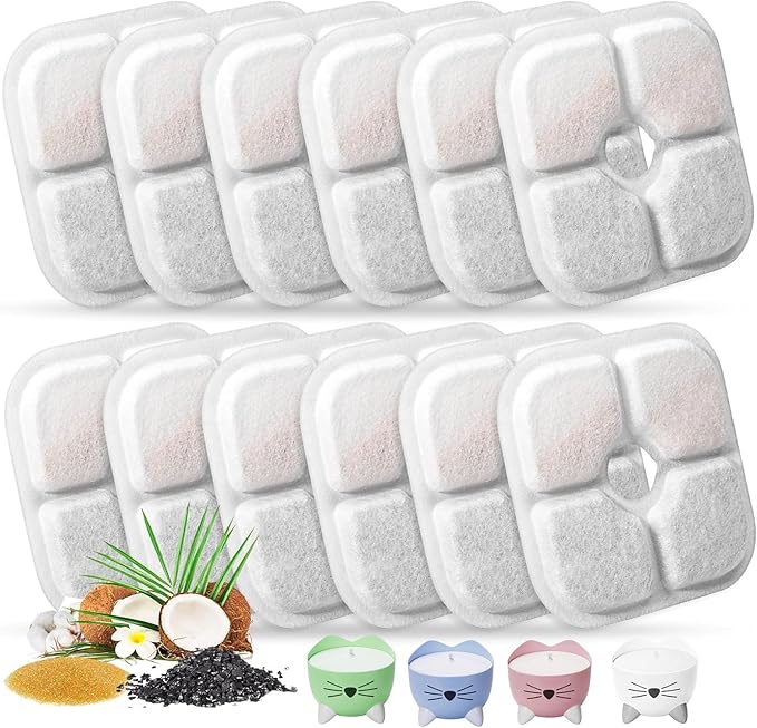 Cat Water Fountain Replacement Filters Fit for 2.5L Fountain with Whiskers Pattern Triple Action Water Pet Cat Drinking Fountain Filter Pack of 12