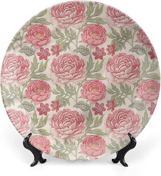 10 Inch Decorative Plate, Victorian Ceramic Plate, Romantic Peonies Botany Print Ornament Display Plate for Dining Table Setting, Wedding Reception Decorations, Christmas Tablescape, Muticolor
