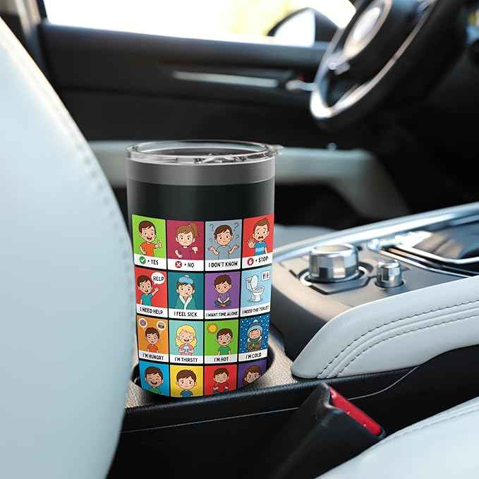 Autism ACC Communication Non Verbal Visual Aid Autistic Kids Stainless Steel Insulated Tumbler